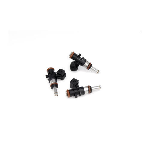 Set of three DeatschWerks 1200cc fuel injectors for 09-12 Ski-Doo 4-tec, showing connector plugs and o-rings.