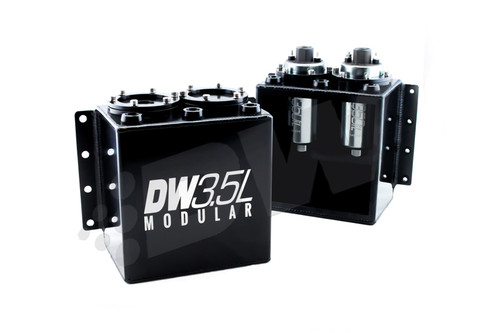 DeatschWerks DW3.5L Modular Surge Tank, front and rear angle showing mounting brackets and dual pump ports