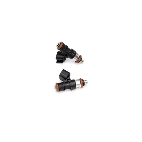 DeatschWerks 900cc fuel injectors, set of 2, angled view showing electrical connectors and orange O-rings