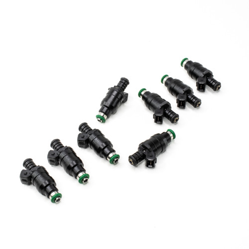 DeatschWerks 14mm low impedance fuel injectors, set of 8, black bodies with green O-rings, angled view