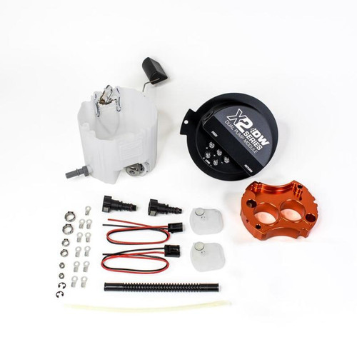 DeatschWerks X2 fuel pump module kit with orange manifold, connectors, hardware and fuel filters laid out on white