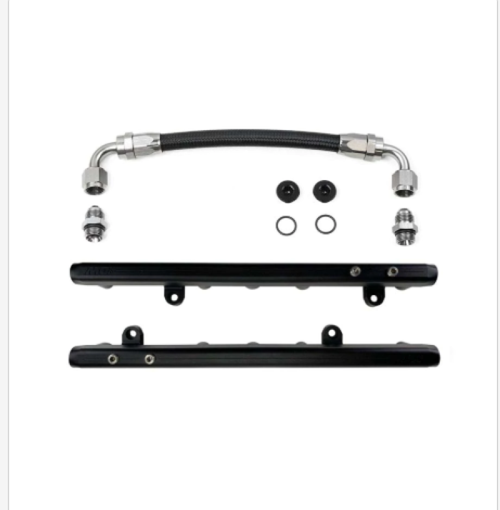 DeatschWerks LS2/LS3 fuel rails with braided crossover hose, AN fittings, and O rings shown