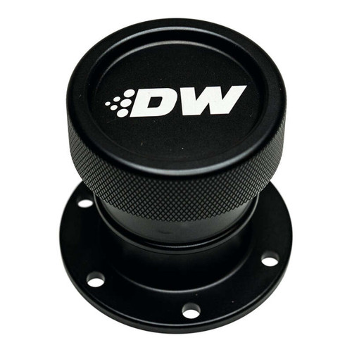 DeatschWerks straight filler neck with cap in matte black, knurled cap with DW logo, round mounting flange with six bolt holes.