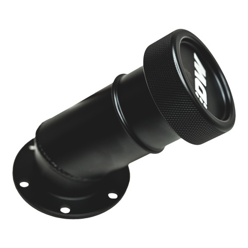 DeatschWerks angled filler neck with knurled cap, matte black, round bolt on mounting flange base