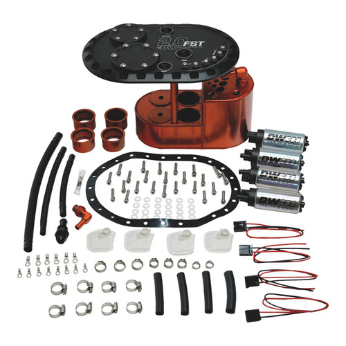 Deatschwerks 2.0L fuel cell surge tank kit, orange housing, black lid, 4 DW300 pumps, hardware and hoses