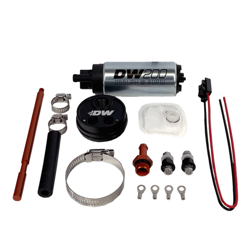 DeatschWerks DW200 255lph fuel pump kit with hose, clamps, fittings and wiring harness laid out