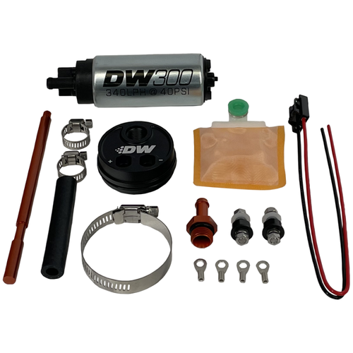 DeatschWerks DW300 340lph fuel pump kit with mounting adapter, hose clamps, filter sock, and wiring harness