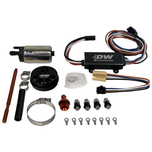 DeatschWerks DW440 brushless fuel pump kit with controller, mounting bracket, hose clamps, wiring and hardware