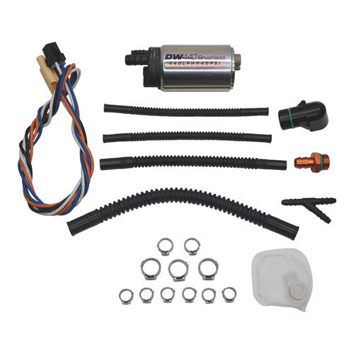 DeatschWerks DW440 brushless fuel pump kit with wiring harness, hoses, clamps, fittings and filter sock