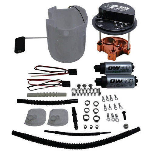 Deatschwerks X2 DW300 fuel pump module kit, showing sending unit, mounting bracket, dual pumps and hardware