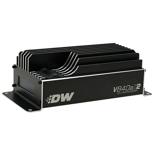 DeatschWerks VB40AX2 dual pump voltage booster, angled view showing finned black housing and mounting bracket