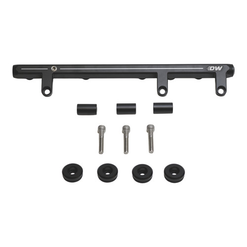 DeatschWerks SR20 S13 top feed fuel rail kit with spacers, bolts and mounting grommets, top angle view