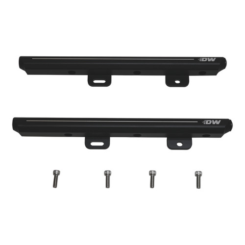 DeatschWerks Honda J-Series fuel rail set with crossover, top angled view showing two black rails with mounting brackets and four screws below.