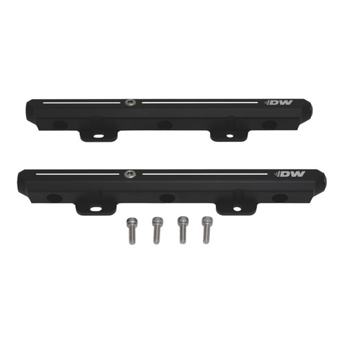 DeatschWerks Honda J Series fuel rails, top and bottom view, with four mounting bolts included below.
