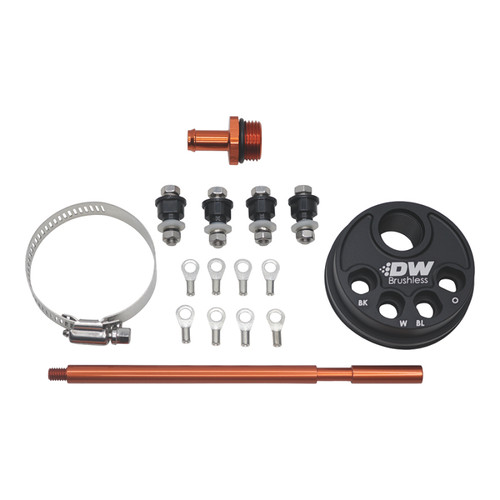 DeatschWerks 3.5L In Tank Pump Adapter kit, top view showing hose clamp, banjo fitting, DW Brushless mounting plate, mounting rod, and wiring hardware
