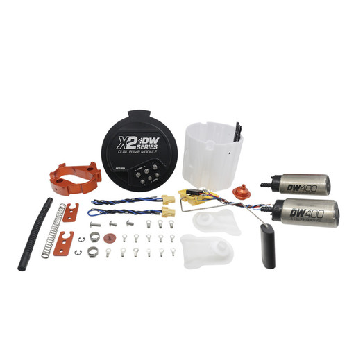 DeatschWerks X2 Series Hemi fuel pump module kit with dual DW400 pumps, wiring, hardware and reservoir laid out