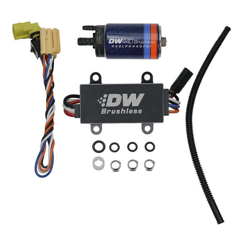 DeatschWerks DW440 brushless fuel pump kit with C102 controller, wiring harness, hose, clamps and O rings