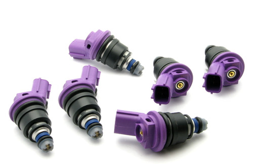 Set of six DeatschWerks 370cc side feed fuel injectors with purple bodies and black connectors, top and side angles shown.