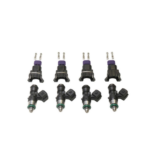 Deatschwerks 1500cc fuel injectors, set of 4, with wiring connectors, top down view for Fitech/Holley Sniper TBI