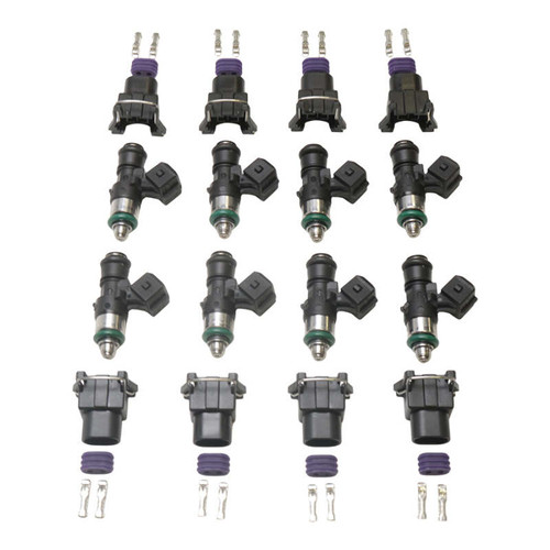 Deatschwerks 1500cc fuel injector set of 8 with connectors and terminals, top down view