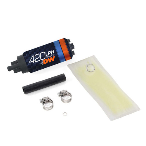 Deatschwerks DW420 fuel pump kit with hose, clamps, filter sock and install parts laid out