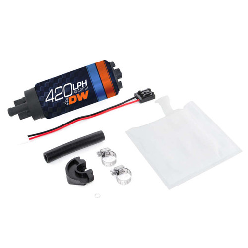 Deatschwerks DW420 420lph fuel pump kit with wiring connector, hose, clamps, mounting bracket, filter sock