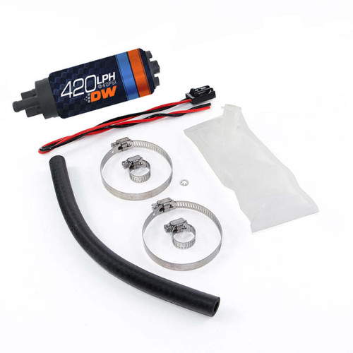 Deatschwerks DW420 fuel pump kit with wiring connector, hose, clamps, and filter sock, top view