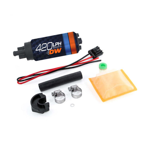 Deatschwerks DW420 fuel pump kit with wiring, hose clamps, filter sock and mounting sleeve