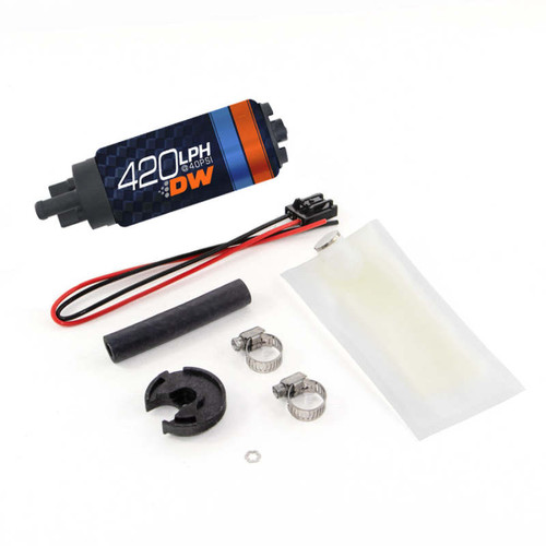 Deatschwerks DW420 fuel pump kit, angled view showing pump, wiring, clamps, install parts for Miata 94-05