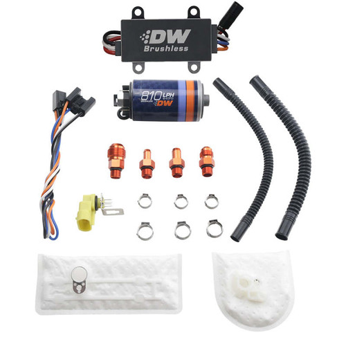 Deatschwerks DW810 fuel pump kit with brushless controller, hoses, fittings and clamps, top view layout