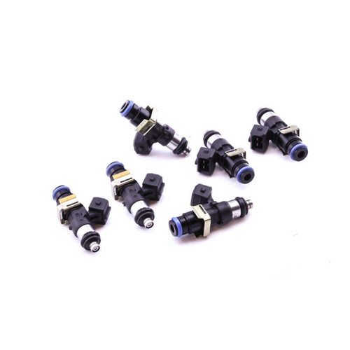 DeatschWerks 1500cc fuel injectors for 04-08 Acura TL, set of six, angled view showing blue O-rings and electrical connectors.