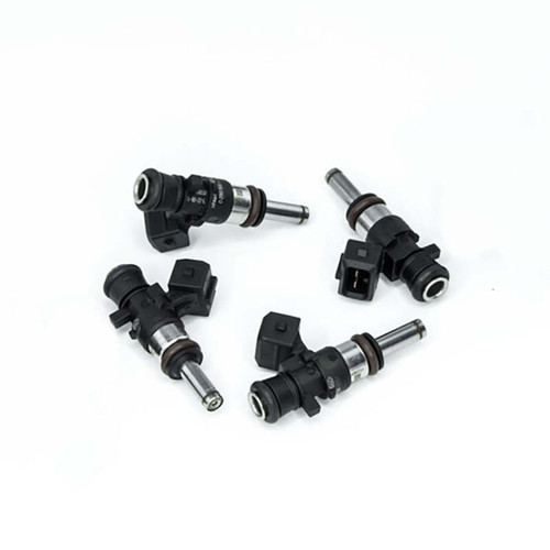 Deatschwerks EV14 750cc fuel injectors, set of 4, extended nozzles, connectors and O-rings visible