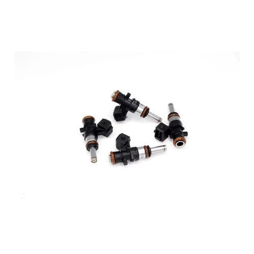 Set of four Deatschwerks fuel injectors for Polaris Rush 600 11-12, top down angle showing connectors and O-rings.
