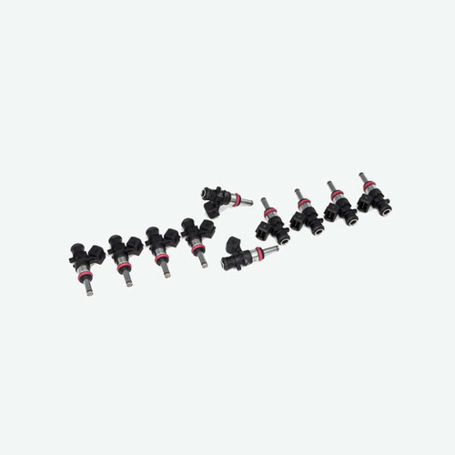 Deatschwerks 1250cc fuel injectors, set of 10, angled view showing connectors and nozzle tips, Dodge Viper fitment