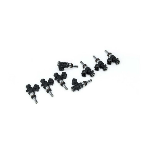 Set of 8 Deatschwerks EV14 500cc fuel injectors arranged diagonally, showing extended nozzles and electrical connectors.