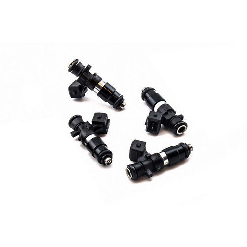 Deatschwerks EV14 1250cc fuel injectors, set of 4, black bodies with electrical connectors, angled view