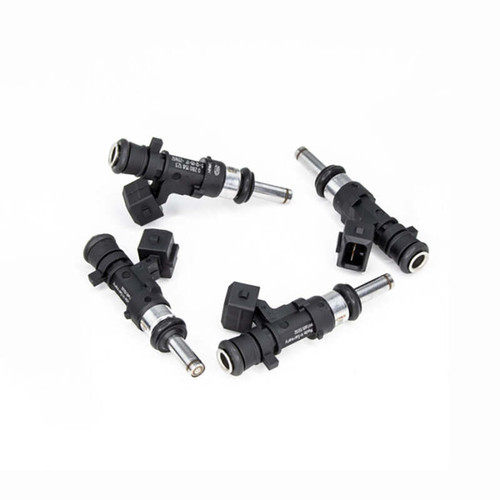 Set of four DeatschWerks 850cc fuel injectors for Dodge Dart 1.4L Turbo, angled view showing electrical connectors and O-rings.