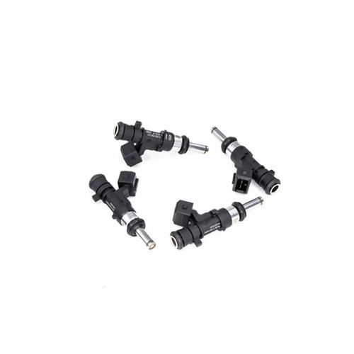 Set of four DeatschWerks 1100cc fuel injectors for Dodge Dart 1.4L Turbo, arranged in a circle showing nozzle tips and electrical connectors.