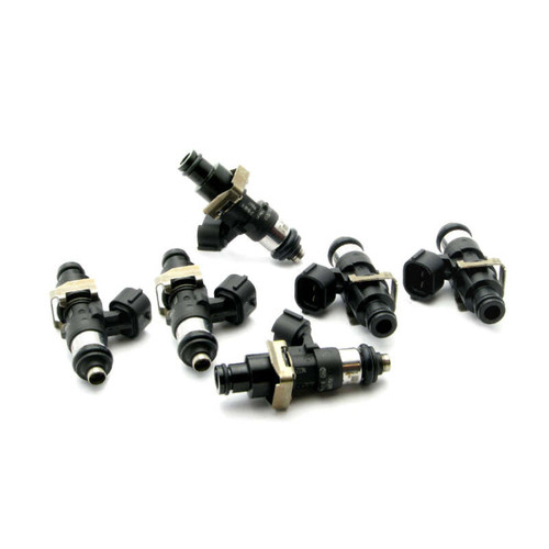 DeatschWerks 2400cc universal 48mm/11mm fuel injectors, six units shown at various angles