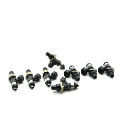DeatschWerks Bosch EV14 48mm 2400cc fuel injectors, set of 8 shown at an angle on white background