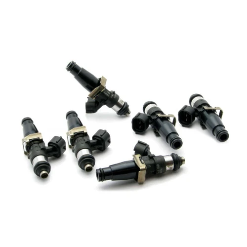 DeatschWerks Bosch EV14 2400cc fuel injectors, set of 6, arranged loosely, top angled view