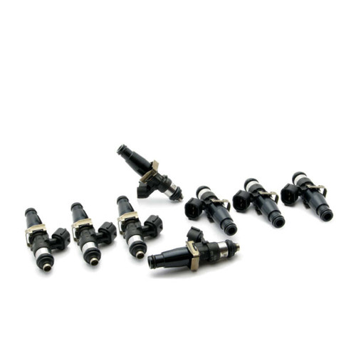 DeatschWerks EV14 60mm fuel injectors, set of 8, black bodies with clip fittings, top angled view