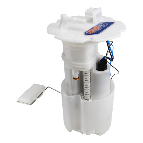 DeatschWerks DW400 fuel pump module for 03-09 Nissan 350Z, angled view showing float arm, wiring and sender assembly