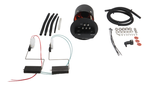DeatschWerks X2 module kit for BMW E36/E46 with wiring, hoses, sensors, and mounting hardware laid out