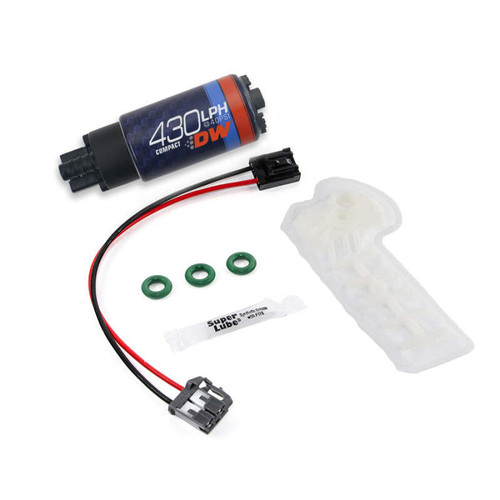 DeatschWerks DW430C fuel pump kit with wiring connectors, three O-rings, lubricant packet, and mounting bracket