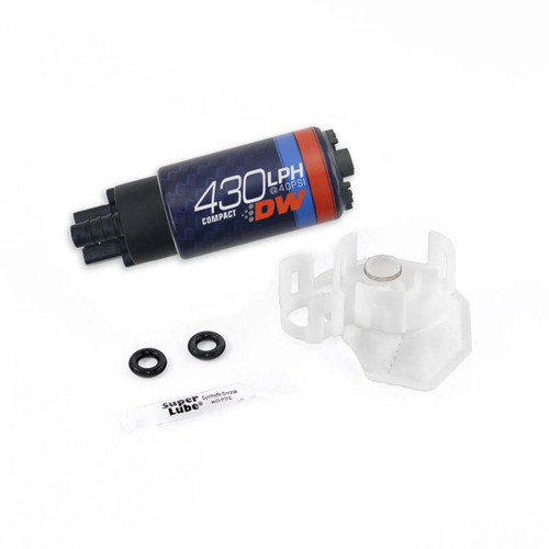 DeatschWerks DW430C 430lph fuel pump kit with white mounting bracket, two seals, and lube packet