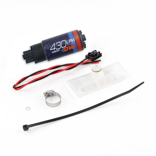 DeatschWerks DW430C 430lph compact fuel pump kit for BMW E30, with wiring, hose clamp, filter sock, gasket and zip tie.