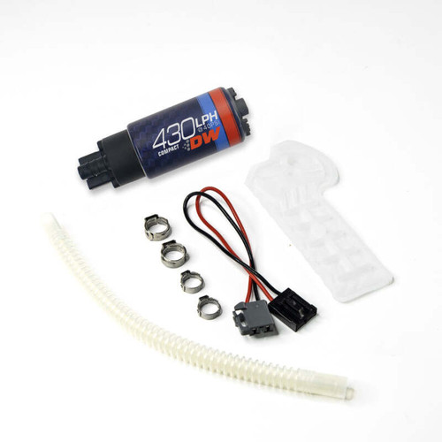 DeatschWerks DW430C 430lph fuel pump kit with wiring connector, hose clamps, tubing and rubber sleeve