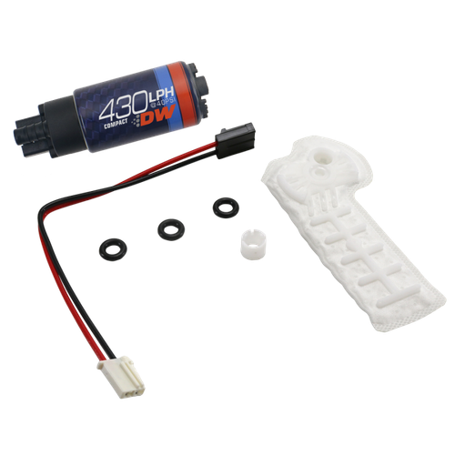 DeatschWerks DW430C fuel pump kit with wiring harness, seals, connector, and filter sock shown
