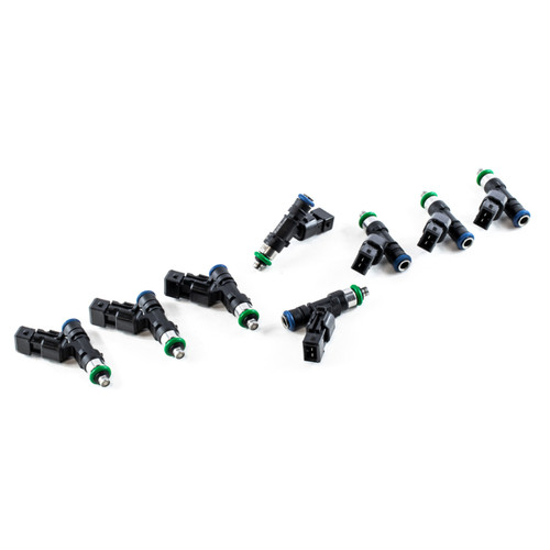 DeatschWerks 440cc fuel injectors, set of 8, diagonal view showing electrical connectors and O-ring tips